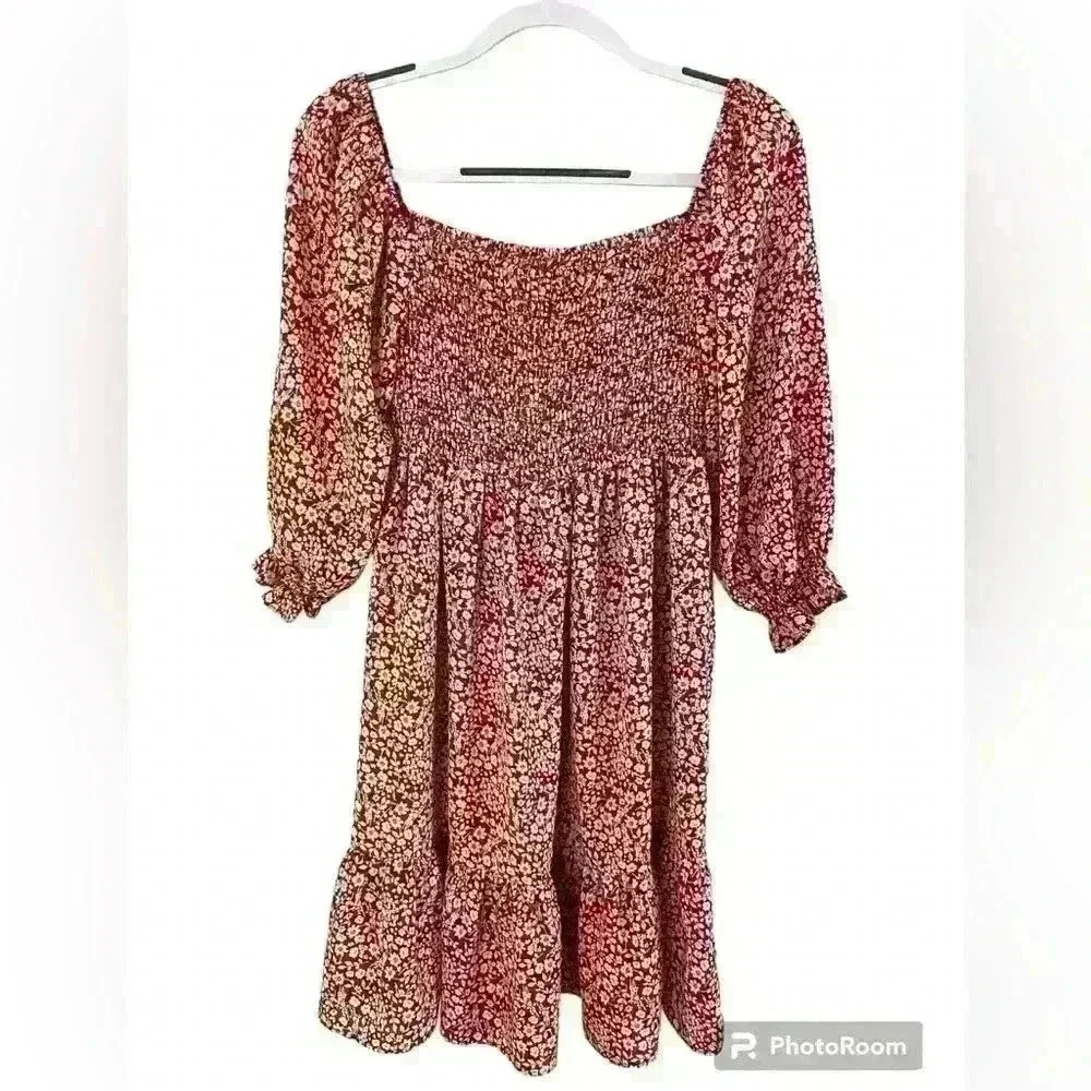 Lea & Viola Drop Waist Floral Long Balloon Sleeve Babydoll Mini Dress